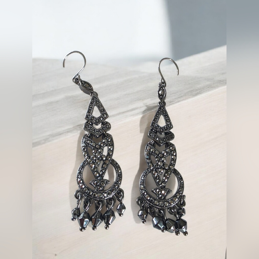 Vintage Monet Silver Tone Rhinestone Dangle Earrings
